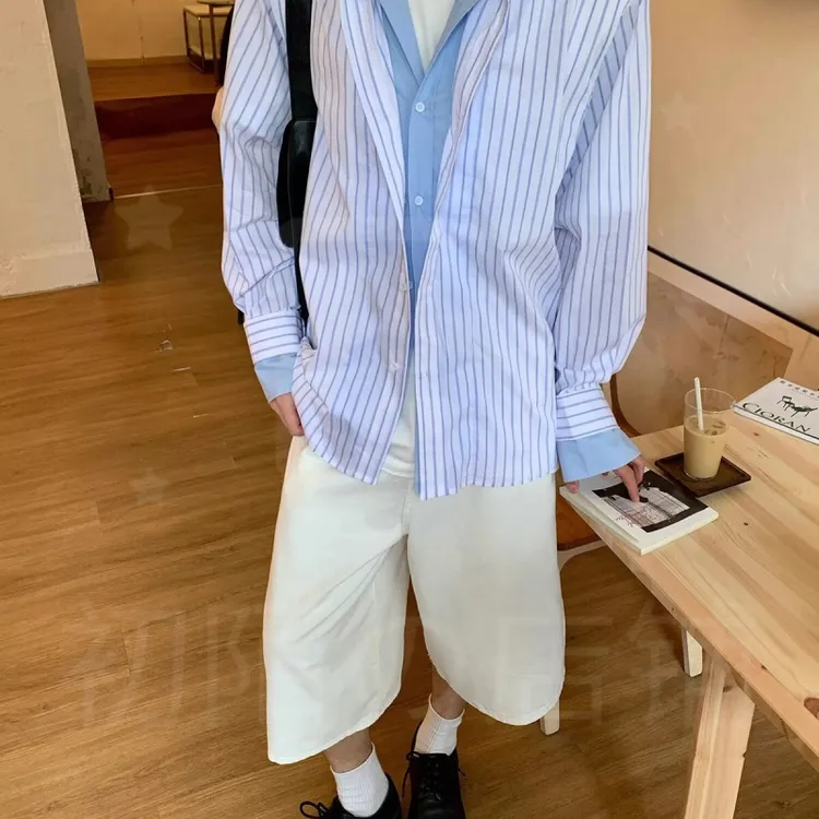长袖常规秋季美式休闲落肩袖衬衫男士时尚上衣百搭