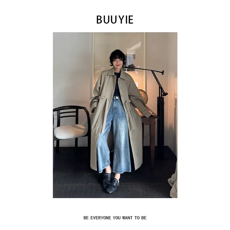 BUUYIE 25SS【绮丽】复古重工高级感洋气宽松灰绿风衣 250810