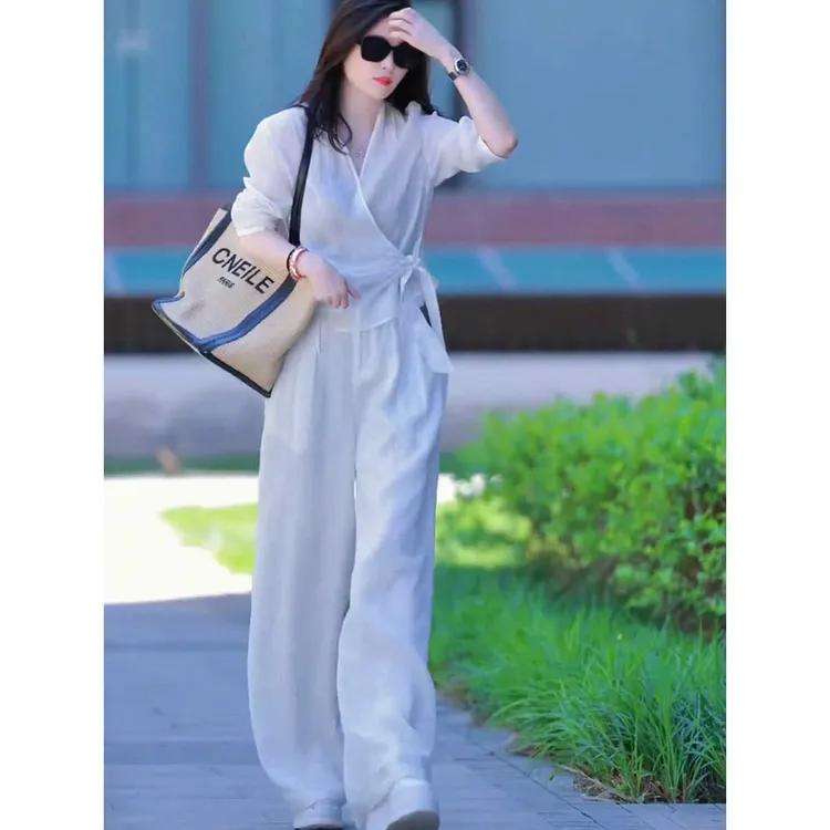 俞兆林套装女2025夏季新款气质减龄宽松V领衬衫阔腿裤两件套