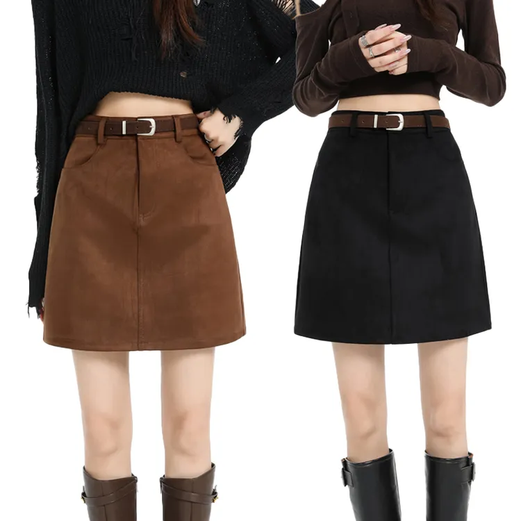 大码口袋复古鹿皮绒半身裙女秋冬新款高腰显瘦防走光包臀a字短裙
