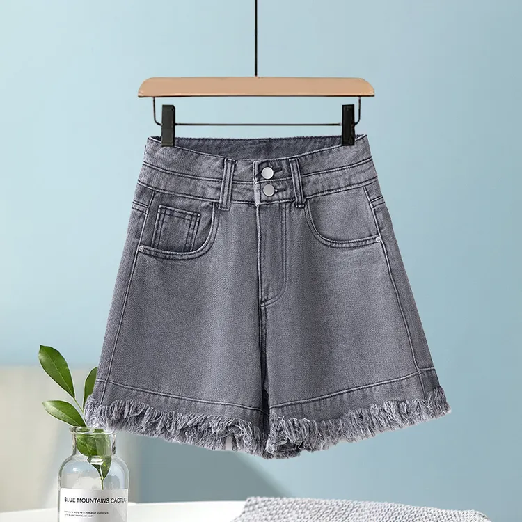 烟灰色小个子牛仔短裤女a字流苏毛边高腰阔腿热裤2025年夏季薄款