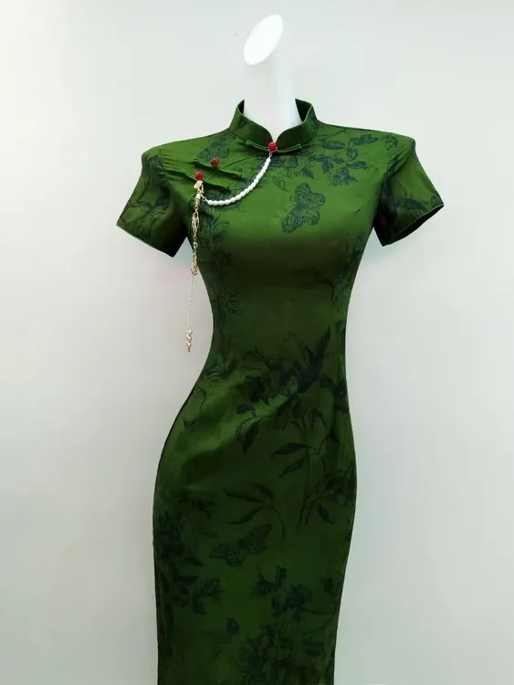 墨绿色送考旗袍新款夏季新中式改良年轻款气质连衣裙复古提花缎