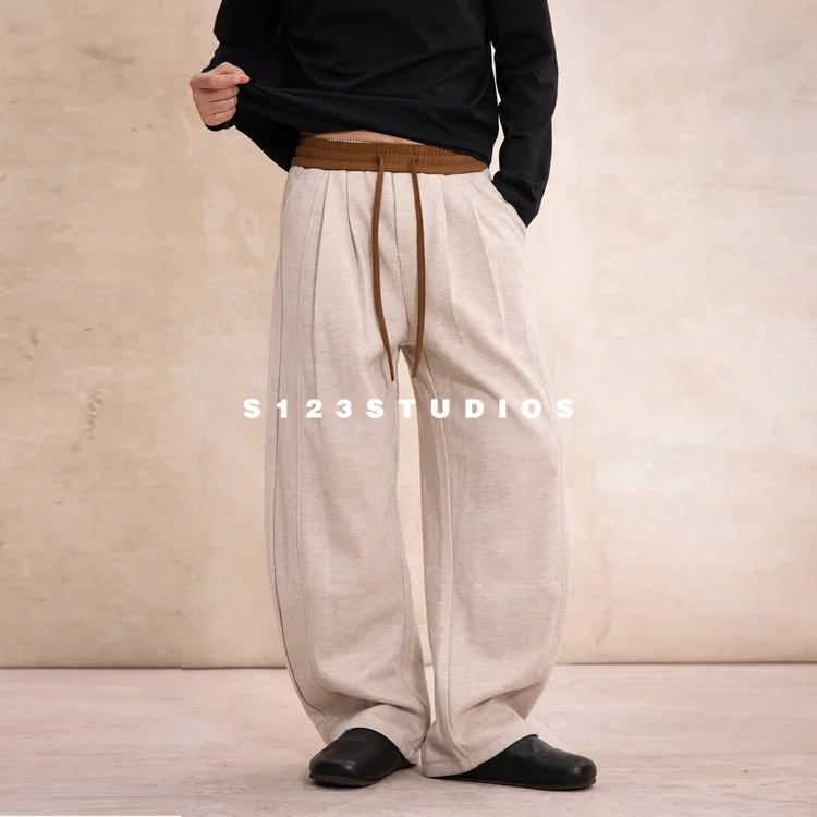 聪明陈聪明陈人字纹醋酸羊毛拼接撞色弯刀休闲裤男秋冬加绒保暖抽