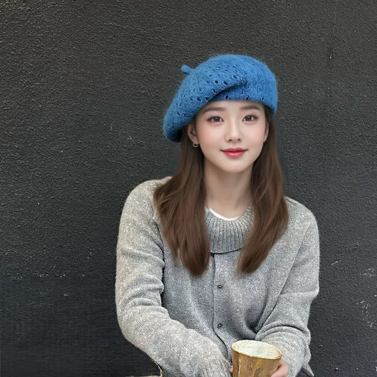 2025新款洞洞针织贝雷帽子女秋冬季日系百搭显脸小画家帽大头帽子