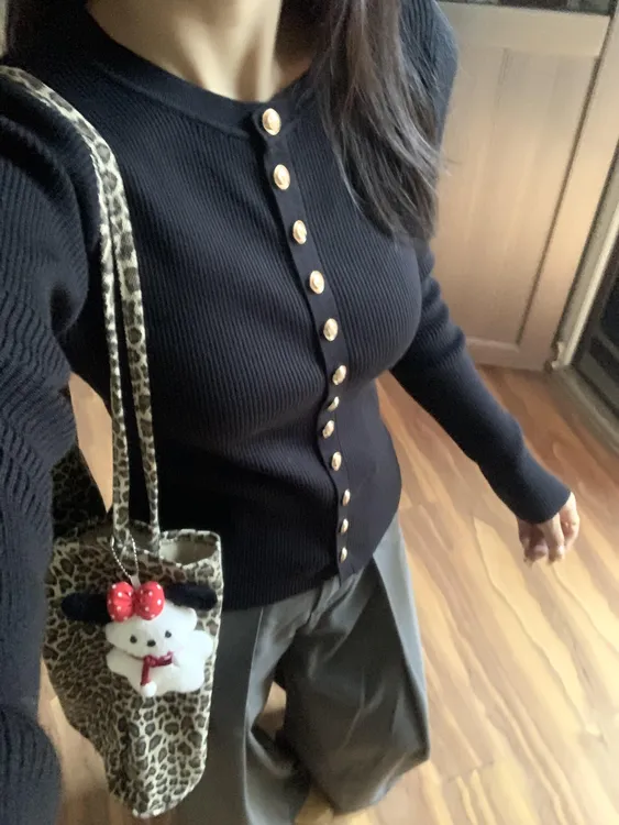 黑色高级感单排长袖针织衫女开衫秋季新款软糯修身显瘦内搭打底衫