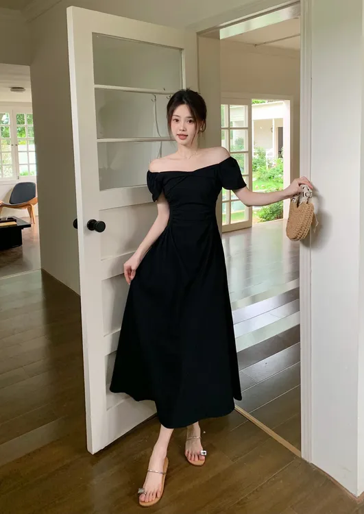 短袖斜领法式夏季露肩长裙连衣裙裙子修身礼服气质长款泡泡袖