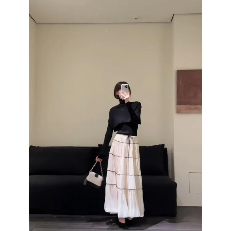 MARIE.COCO许研穿搭小香风半高领斗篷针织衫毛衣仙女半身裙两件套