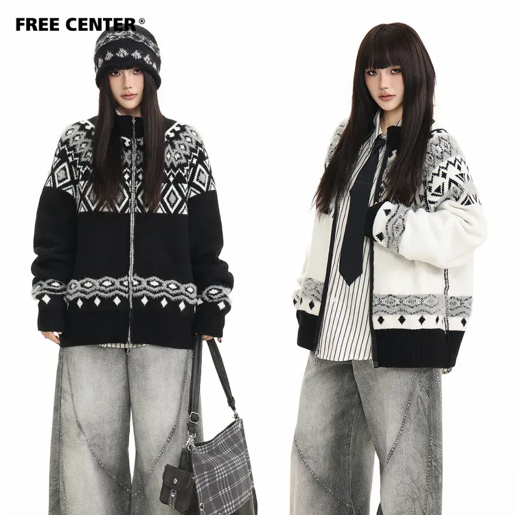 FreeCenter两面穿费尔岛提花毛衣男女秋冬复古慵懒风针织开衫外套
