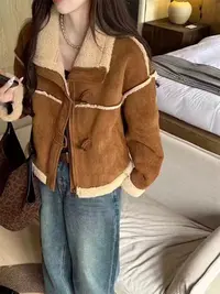 ZX546欧洲站麂皮绒复古牛角扣毛短外套女秋冬新款时尚上衣
