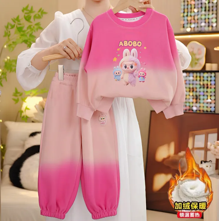 女童秋冬加绒新款拉布布亮灯卫衣套装卡通休闲女宝宝百搭两件套