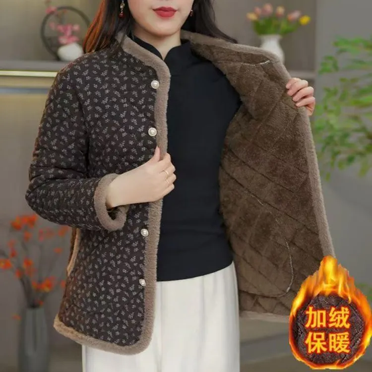 妈妈冬季新款加绒加厚新中式国风复古盘扣碎花小棉袄时尚百搭网红