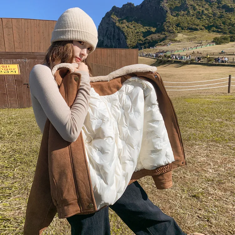 美拉德白鸭绒内胆韩系麂皮绒外套女短款羽绒外套2025冬新款厚夹克