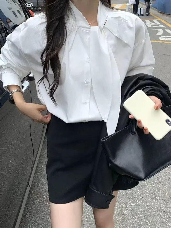 长袖系带圆领淑女风不对称衬衫白衬衫上衣甜美时尚白色衬衣韩版