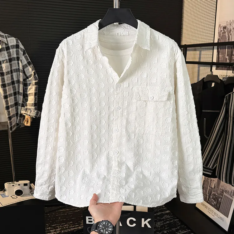 2025秋冬新款潮牌男装设计感提花长袖衬衫高级感百搭休闲轻奢衬衣