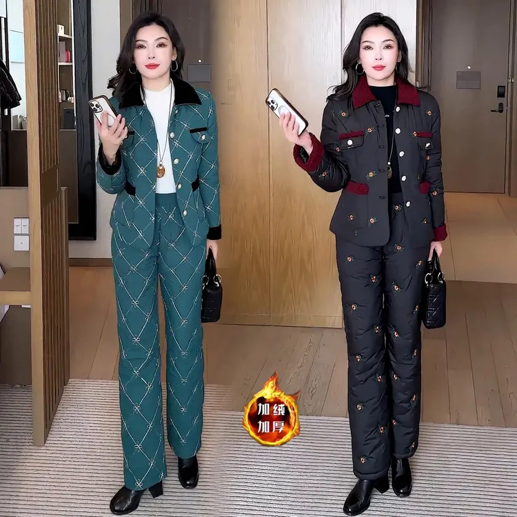花朵刺绣加绒加厚棉服套装女2025冬季新款洋气显瘦减龄保暖两件套