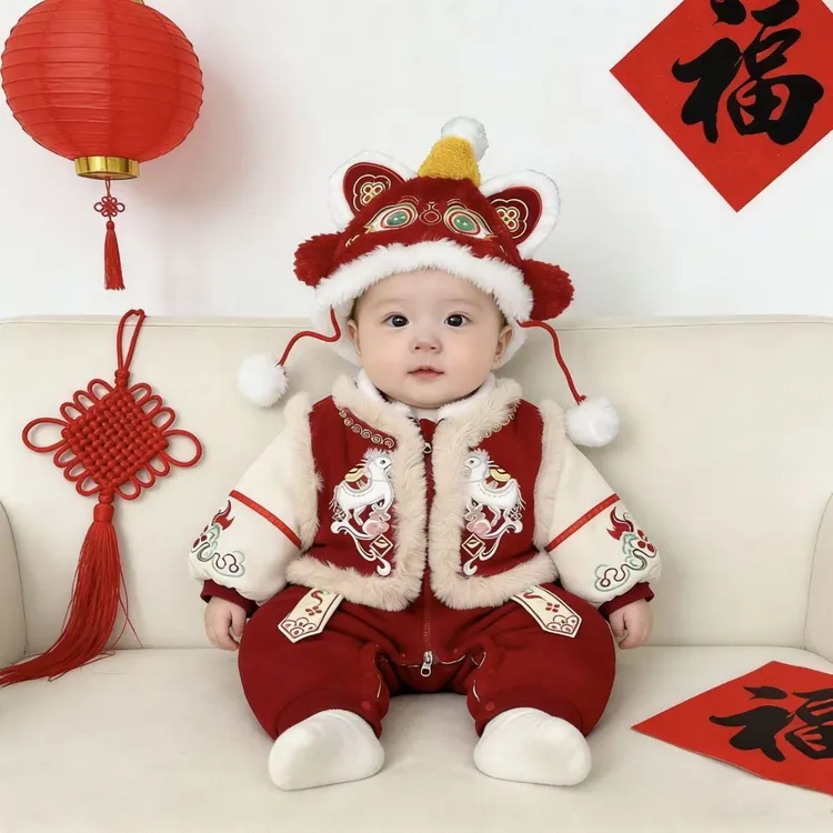 宝宝周岁衣服喜庆冬装礼服婴儿拜冬年服冬季新中式连体衣过年棉服