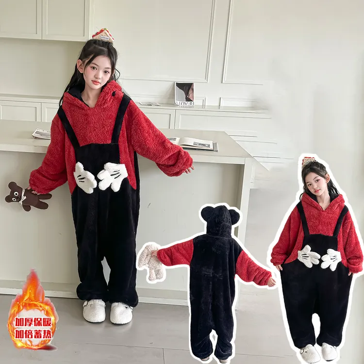 儿童可爱米奇连体睡衣男女2025新款秋冬季加厚保暖连帽亲子家居服