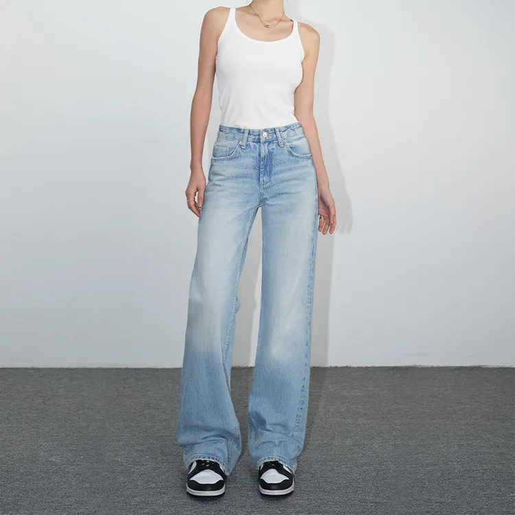 裤长110cm 浅蓝窄版阔腿裤宽松高腰显瘦直筒牛仔裤女秋加长拖地裤