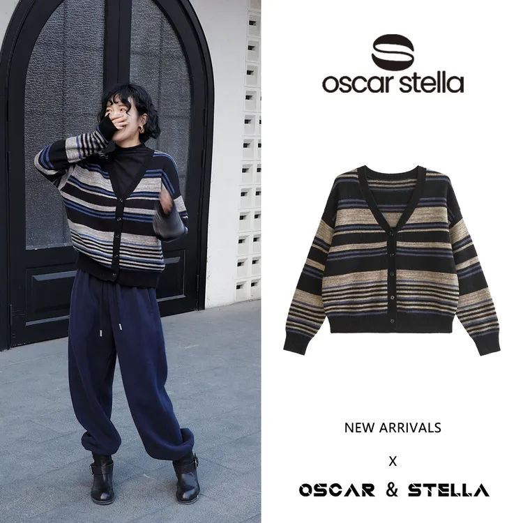 OSCAR&STELLA【心意】针织随性百搭条纹宽松开衫V领毛衣34-28727