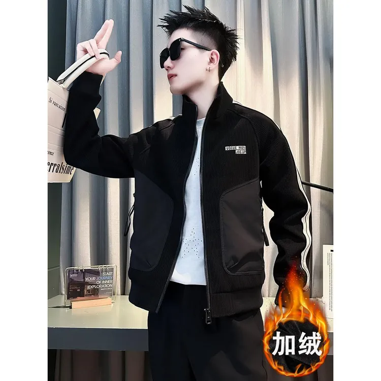 彪博秋冬丝绒加厚夹克男士高端条纹上衣新时尚潮流品牌帅气外套