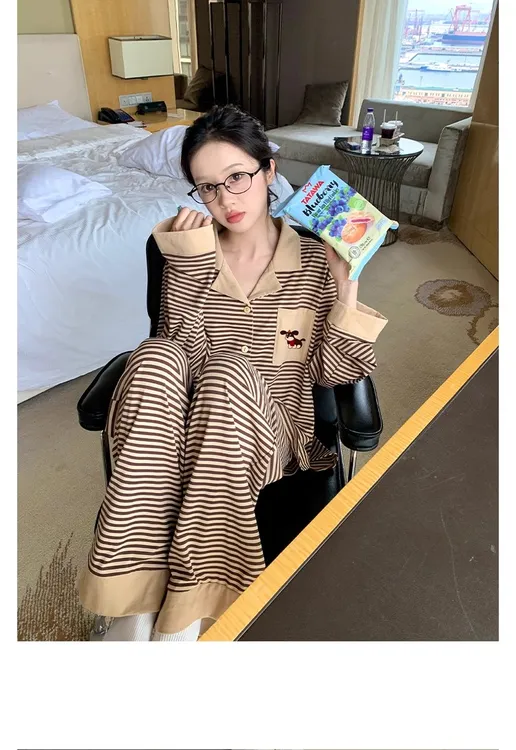 2025早秋女士卡通条纹家居服长袖可外穿甜美睡衣女显瘦宽松春款