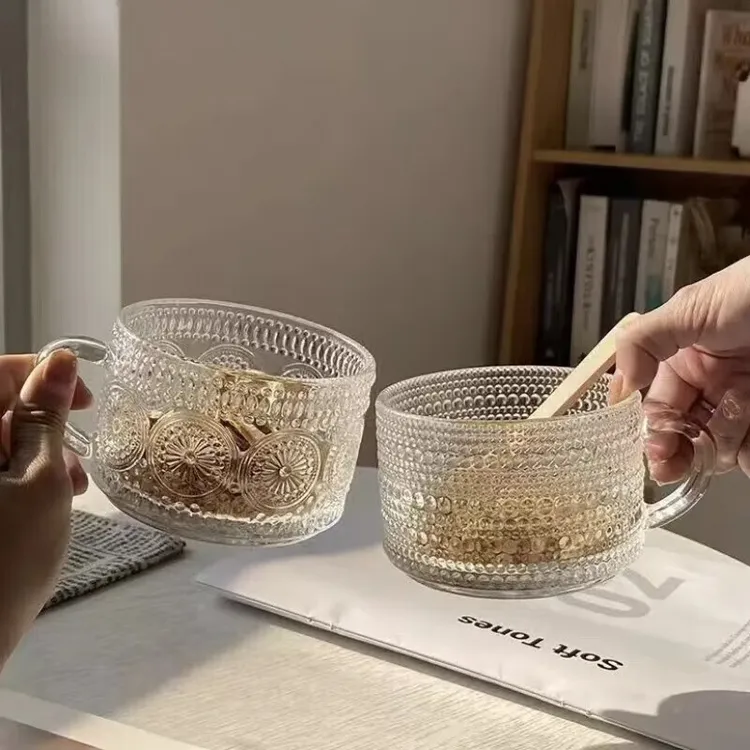复古浮雕燕麦早餐玻璃杯大容量麦片牛奶网红酸奶杯加厚防滑高品质