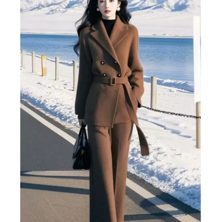 复古感休闲套装女2025秋冬新款女装翻领呢外套阔腿裤两件套