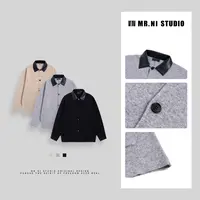 MR.NI/倪先生休闲宽松PU领拼接毛织外套M056