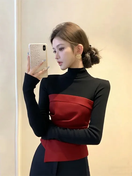 韩系小众不撞款上衣内搭打底衫黑色拼接半高领褶皱长袖t恤女秋冬