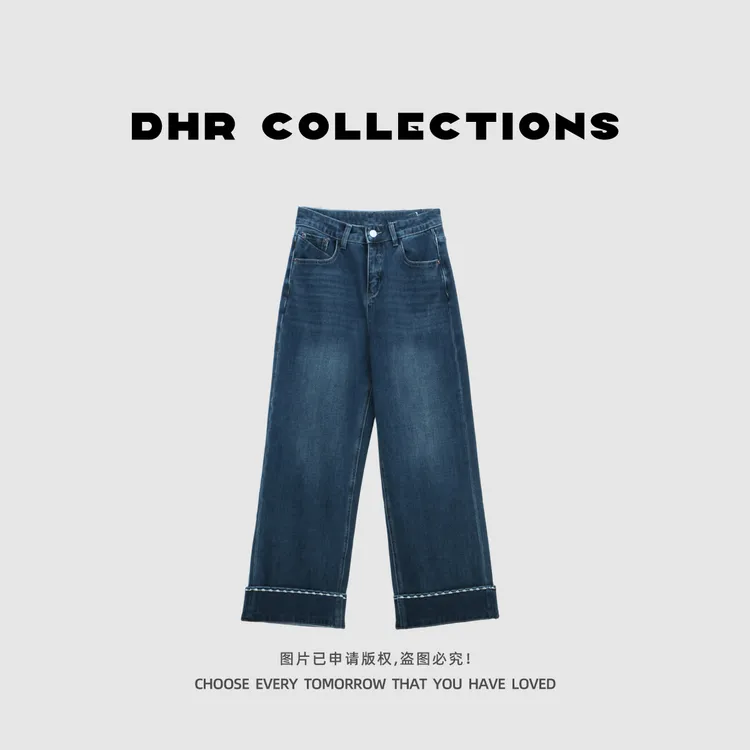 豆豆9【翻边刺绣牛仔裤】窄版显瘦直筒裤加绒厚款裤子女-9223025DK