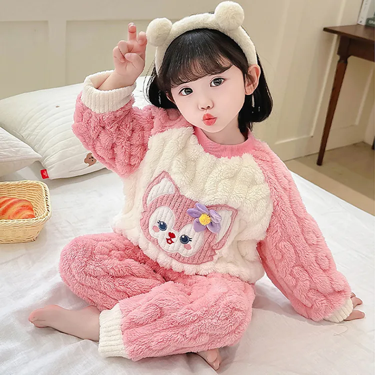 秋冬季儿童法兰绒睡衣可爱小女孩家居服加厚加绒新款珊瑚绒两件套