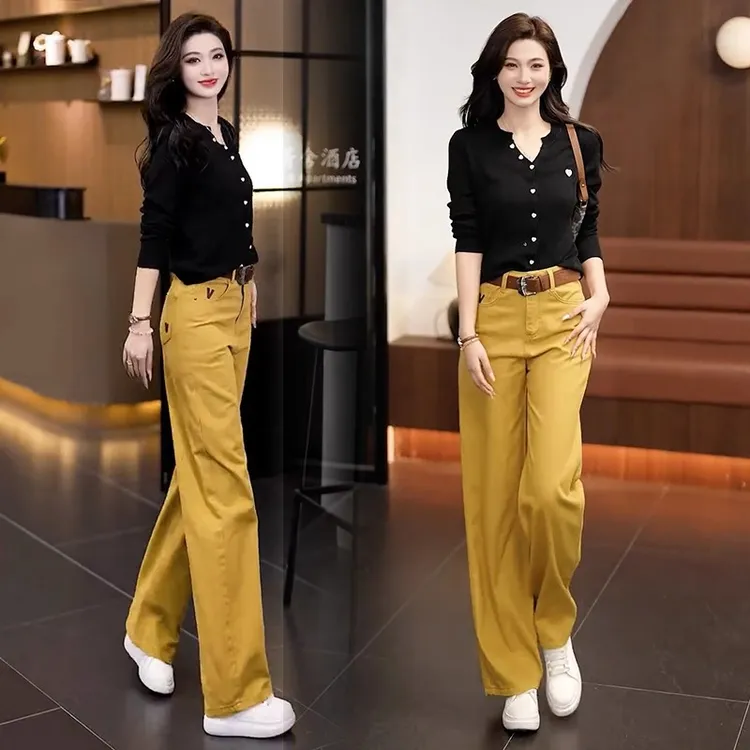 黄色窄版阔腿牛仔裤女2025新款秋冬加绒裤子高腰显瘦宽松直筒长裤