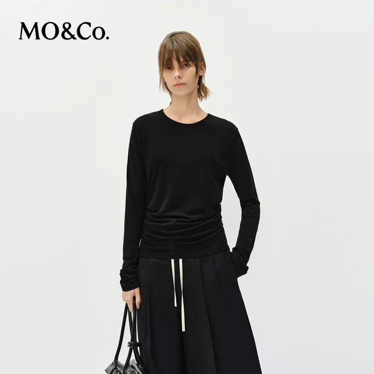 MOCO长袖T恤2025春新品天丝绵羊毛捏褶收腰修身打底白MBE1TEET09