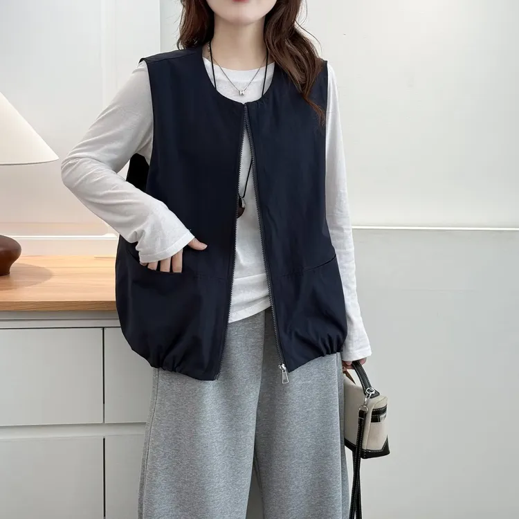 2025秋季新款大码洋气百搭宽松显瘦遮肉减龄拉链纯色女士马甲上衣