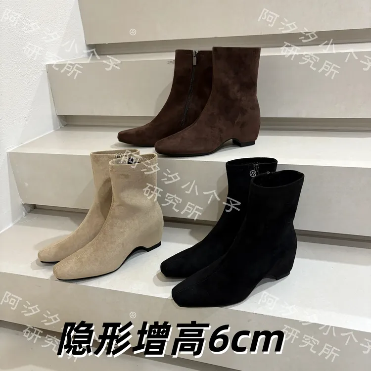 +6cm内增高小个子高跟粗跟切尔西靴女秋冬加绒英伦风短筒瘦瘦靴