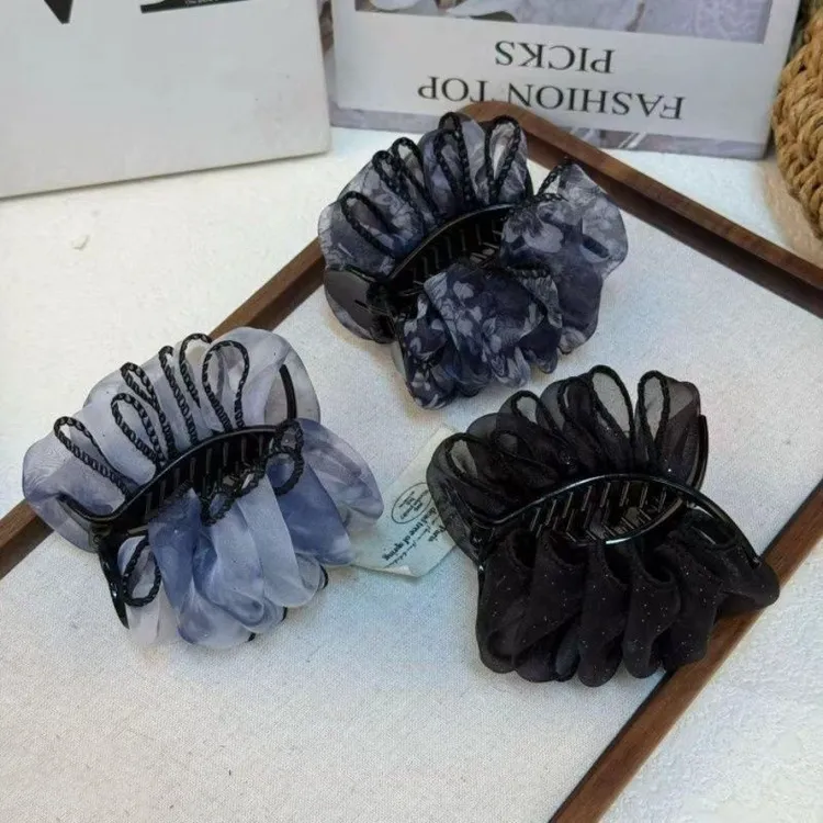 高定黑纱星芒缀饰奢华优雅气质抓夹式丸子头发夹泡泡网纱丸子夹