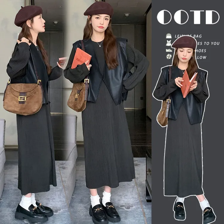 橙子家-秋季新款简约设计感小众皮马甲轻奢卫衣连衣裙孕妇长裙