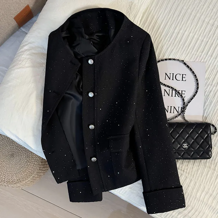 黑色重工亮片小香风短外套女2025秋季新款千金名媛气质女神范上衣