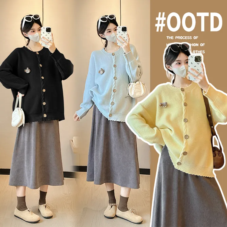 慵懒风可爱小熊圆领孕妇开衫毛衣2025秋冬新款针织衫孕妇上衣外套