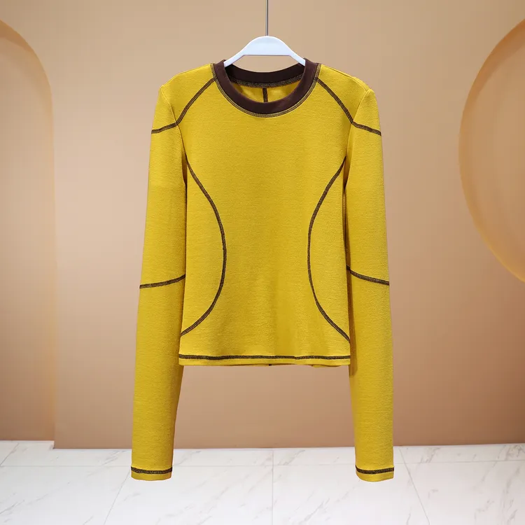 【LIANG哥女装】2025欧货小众设计气质修身姜黄色高弹显瘦上衣6020A