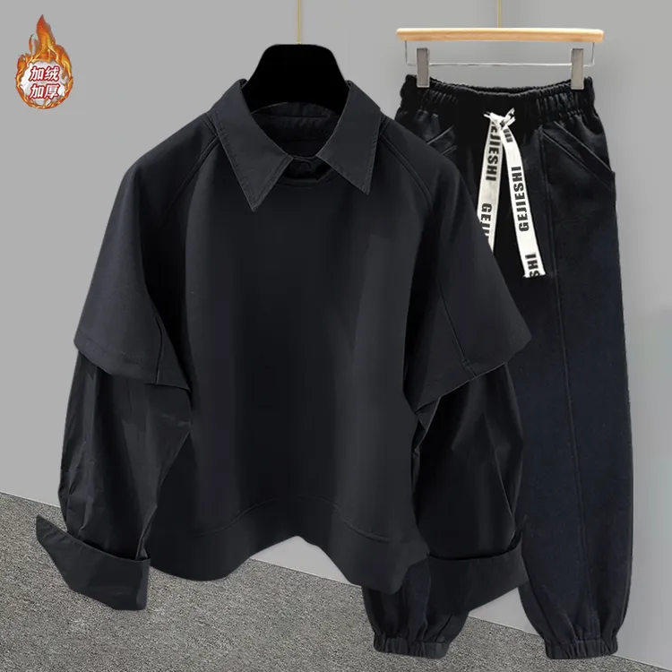 新款加绒加厚翻领衬衫卫衣套装男韩版假两件小众设计感高级感男装