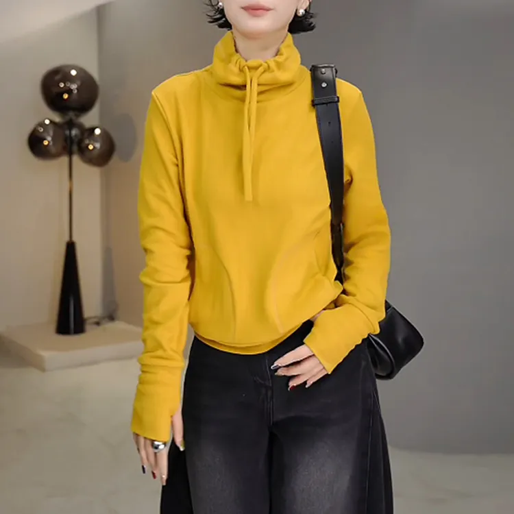 2025秋冬新款咖色高领抽绳卫衣小众设计感慵懒风显瘦长袖上衣