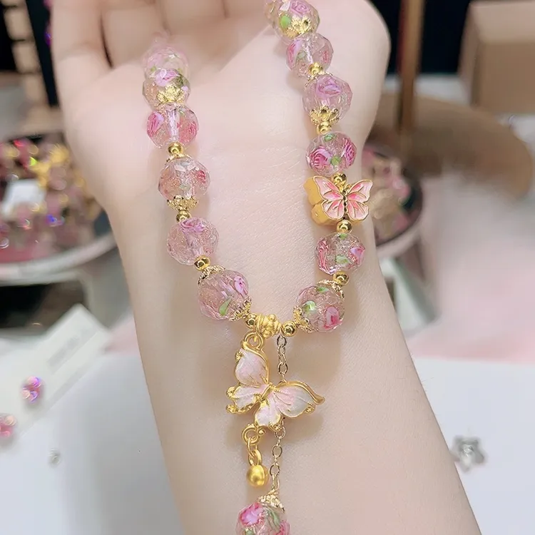 钛钢珐琅项链 924粉色玫瑰流苏蝴蝶项链