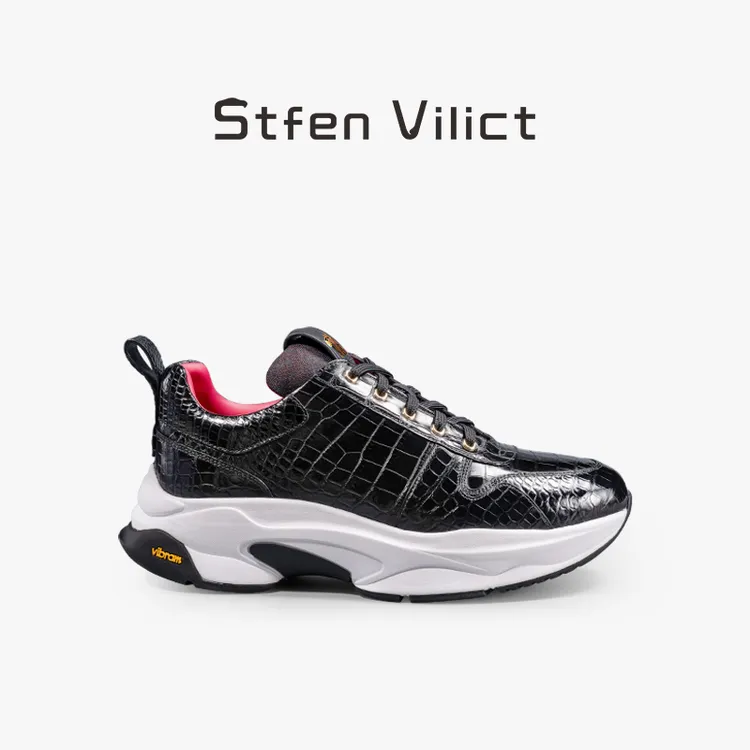 时尚男鞋全鳄鱼皮百搭增高轻便照片款运动鞋SV067-BK老爹鞋厚底