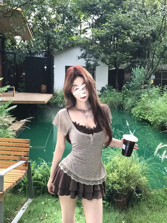  【可可拿铁】真两件套纯欲蕾丝连衣裙女夏季收腰设计裙子