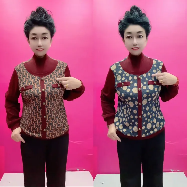 秋季中老年洋气妈妈复古半高领长袖休闲假两件妈妈衫