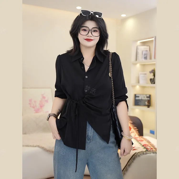 梦丞-大码女装早秋柔软宽松遮肉显瘦时尚百搭纯色系带长袖衬衫