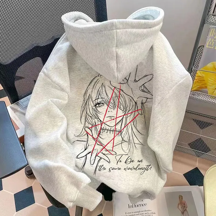 秋冬加绒加厚连帽卫衣素描动漫五角星潮牌外套新款男女装宽松上衣