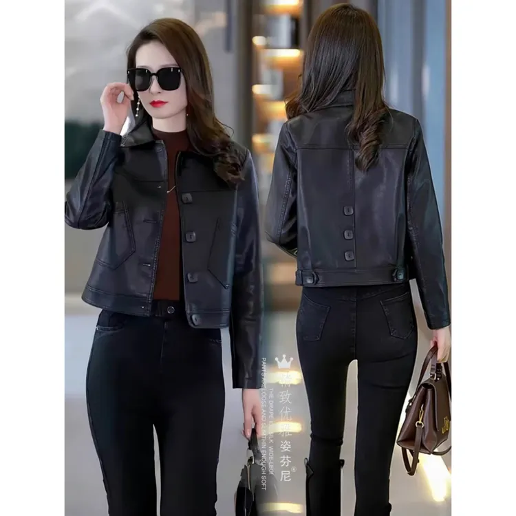 拉夏贝尔小个子皮衣外套女爆款2025春秋季新款皮短款机车服皮夹克