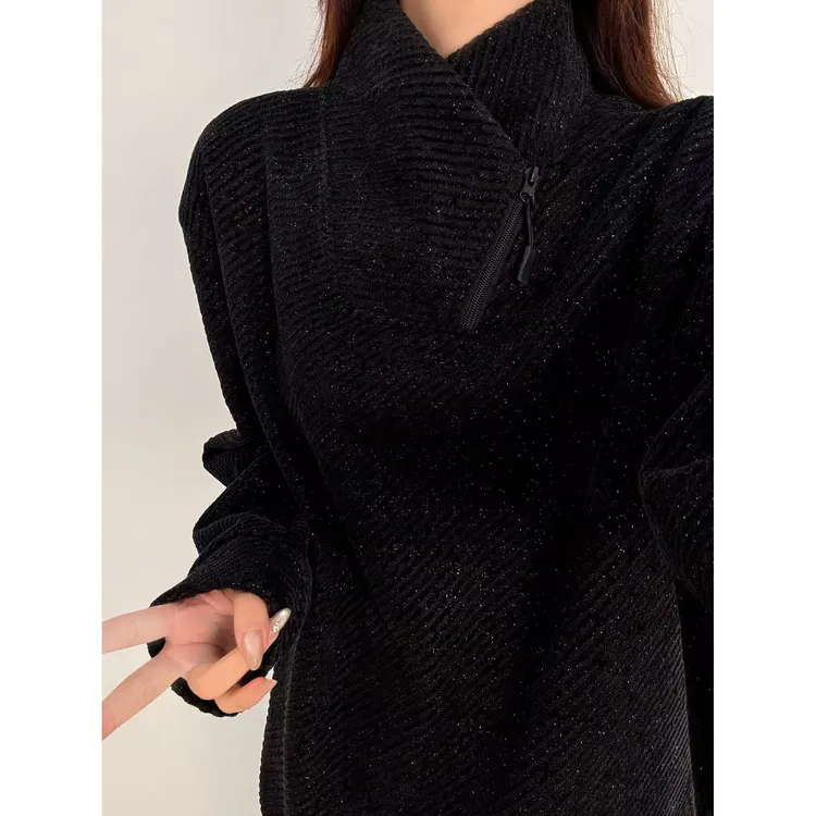 美式复古条纹斜切拉链卫衣男秋冬加绒加厚长袖t恤打底衫内搭上衣